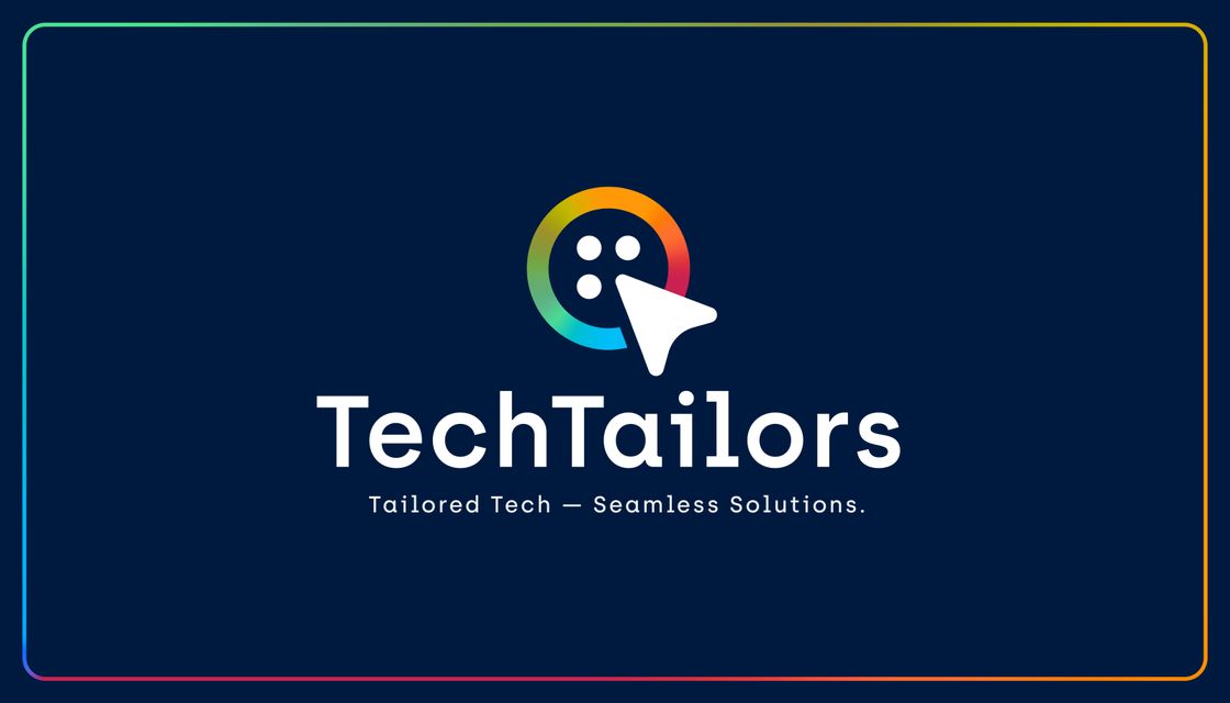 TechTailors business card, front: the stacked logo and slogan inside a rainbow border on navy.