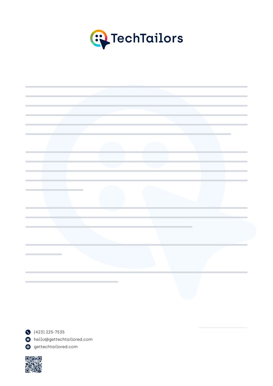 TechTailors letterhead: the horizontal logo at the top, gray lines where a letter goes, the mark faded behind them, and the phone, email, website and a QR code at the foot.
