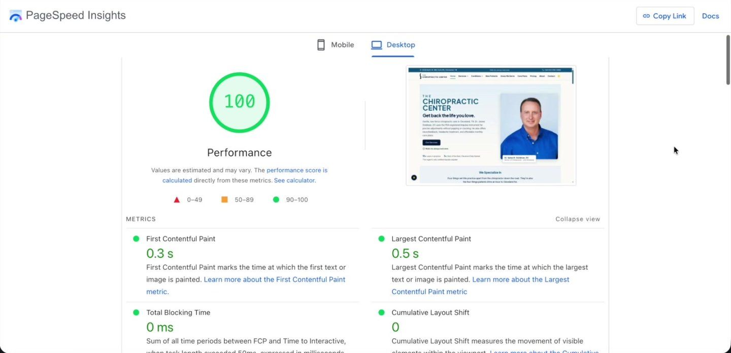 PageSpeed Insights desktop report for the rebuilt home page: Performance 100, First Contentful Paint 0.3 seconds, Largest Contentful Paint 0.5 seconds, Total Blocking Time 0 ms, Cumulative Layout Shift 0.