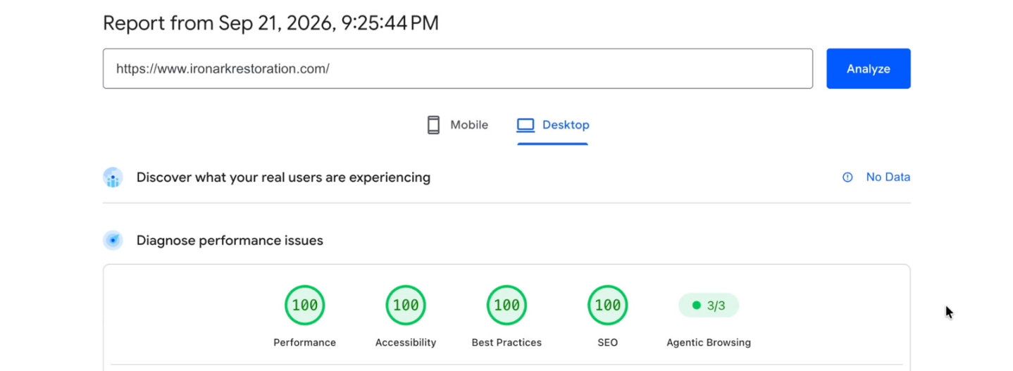 PageSpeed Insights desktop report for www.ironarkrestoration.com, dated September 21, 2026: Performance 100, Accessibility 100, Best Practices 100, SEO 100, and 3 of 3 on the experimental Agentic Browsing checks.