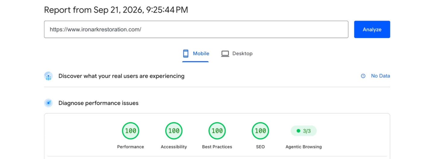 PageSpeed Insights mobile report for www.ironarkrestoration.com, dated September 21, 2026: Performance 100, Accessibility 100, Best Practices 100, SEO 100, and 3 of 3 on the experimental Agentic Browsing checks.
