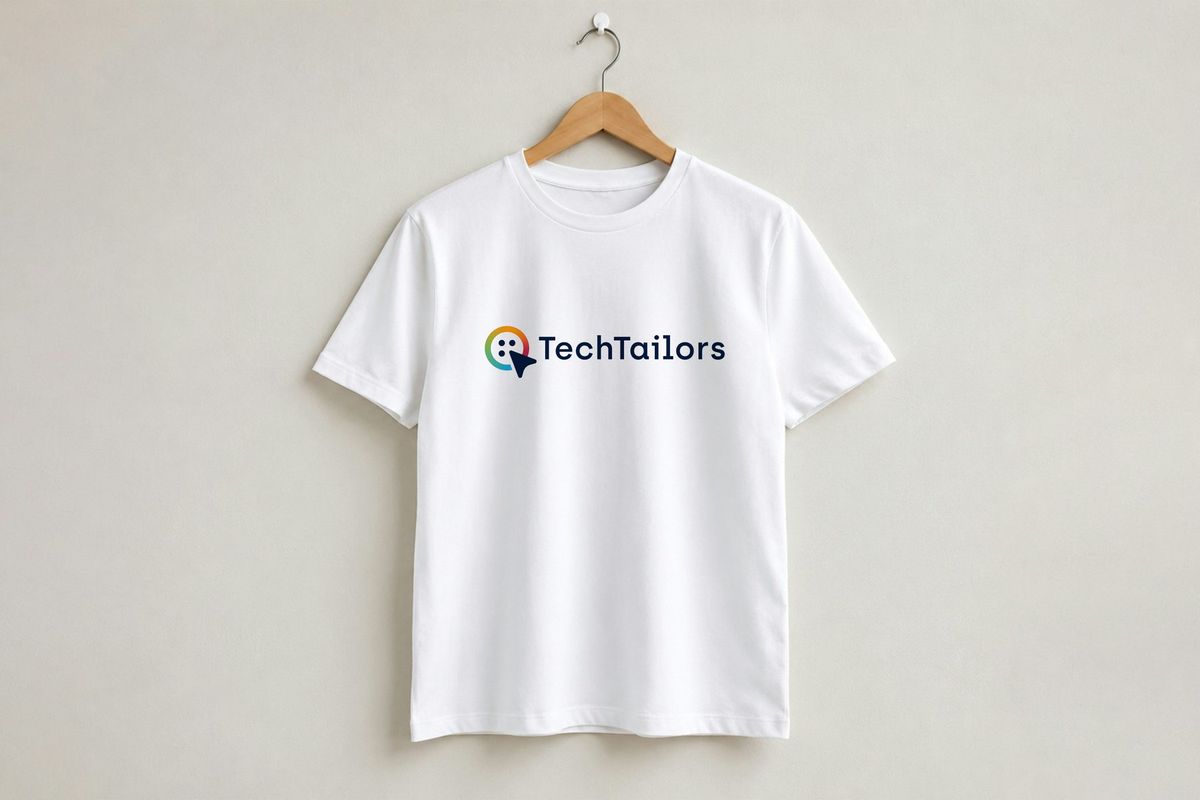 A white t-shirt on a wooden hanger with the TechTailors logo across the chest.
